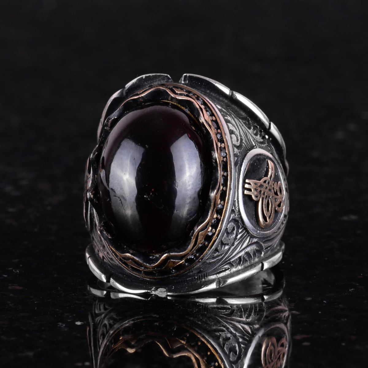 925 Sterling Silver Ring, Natural Garnet Stone Ring, Ottoman Tughra Ring — 5