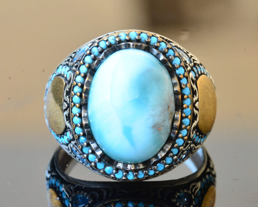 Natural Larimar Stone Handmade Ring - Silver Men's Ring, Silver Accessory — 2