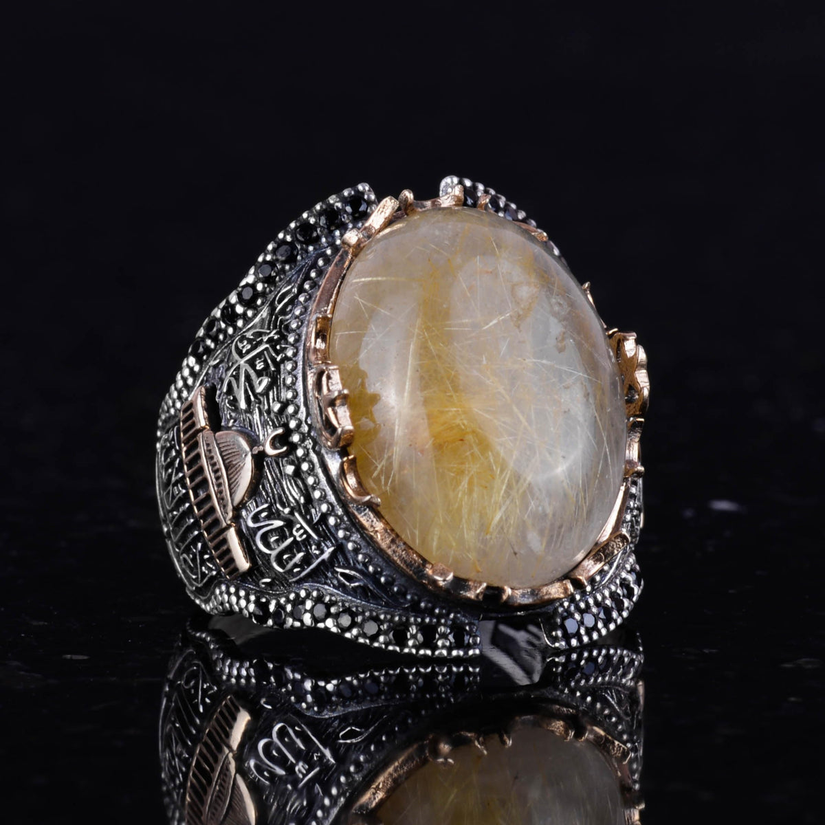 Natural Cabochon Gold Rutile Quartz Stone Mosque Ring — 3