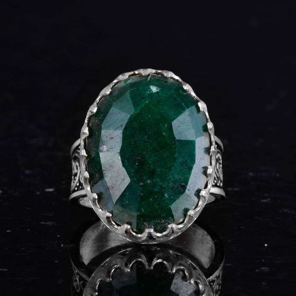 925 Sterling Silver Men's Ring, Natural Emerald Stone Ring — 4