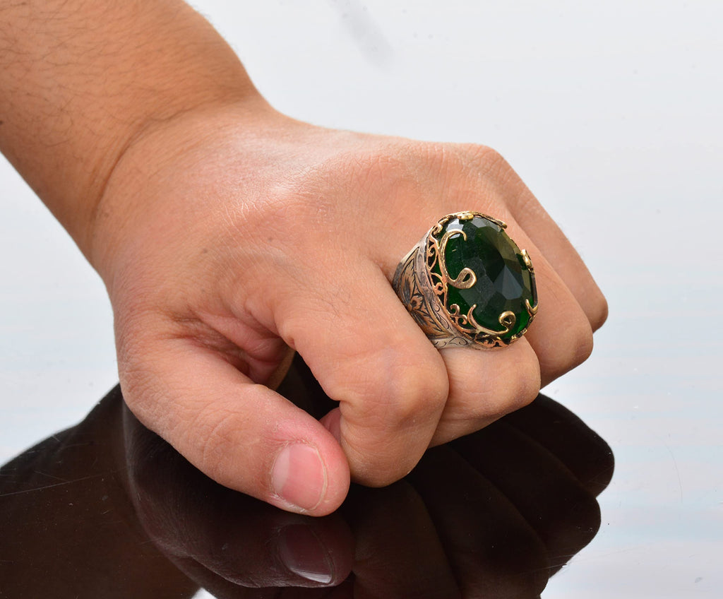 925 Sterling Silver Men's Ring, Artificial Emerald Stone, Ethnic Design — 7