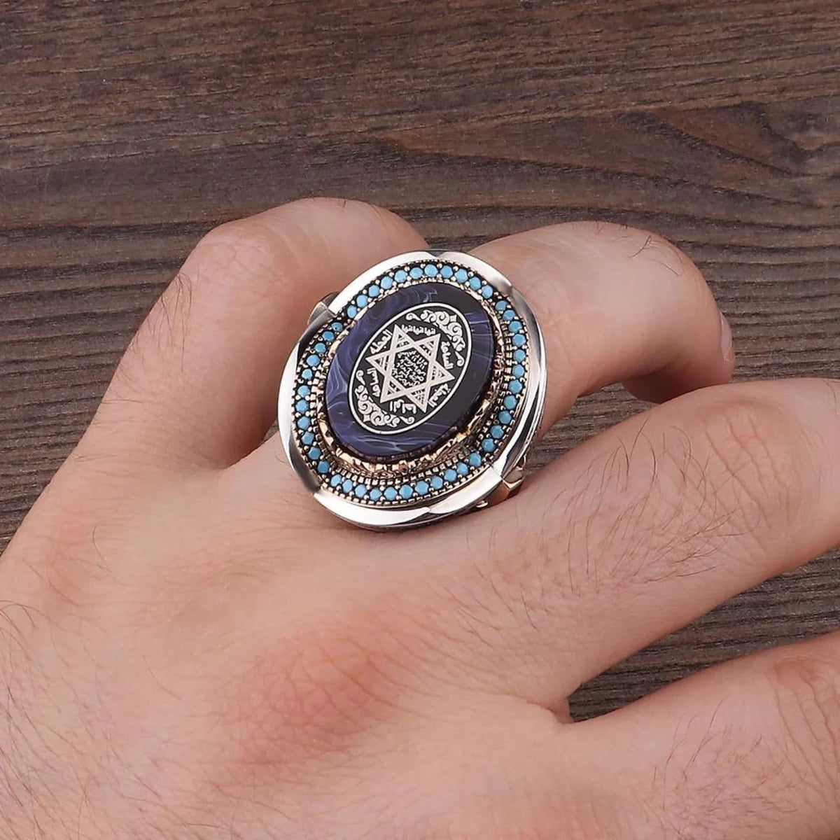 KAMBO 925 Sterling Silver Faux Amber Ottoman Men's Ring – Moon Star Designed, Large Ring, Islamic Statement Jewelry — 2