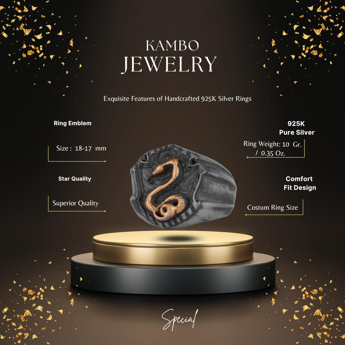 KAMBO Snake Symbol Men's Ring – 925 Sterling Silver Gold Plated Snake Design – Handmade Gothic Mythology Jewelry – Protective Snake Statement Ring — 2