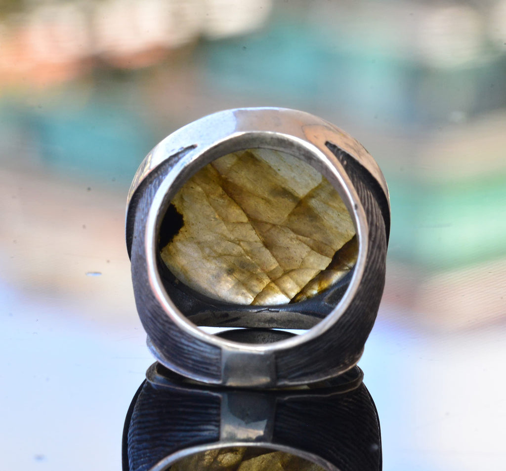Natural Labradorite Round Stone Ring - 925 Sterling Silver Men's Big Ring — 8