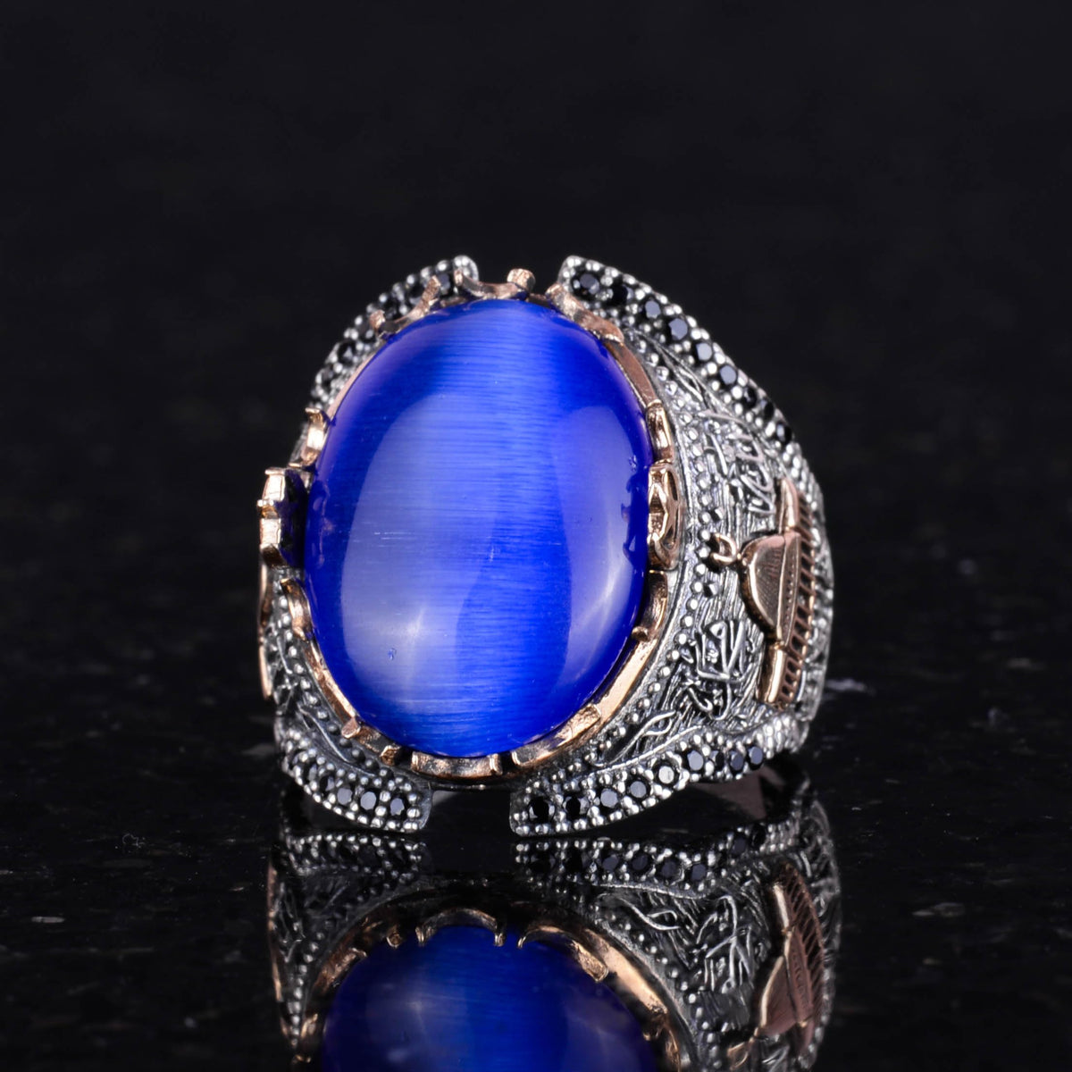 Blue Cat's Eye Stone Ring, 925 Sterling Silver — 3