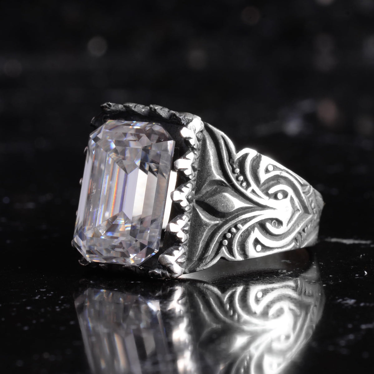 KAMBO Certified Moissanite Men's Ring 925 Sterling Silver – Ottoman Flower Pattern Rectangular Cut Statement Ring — 4