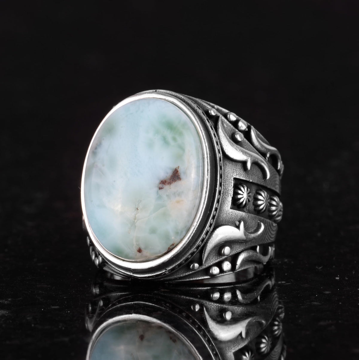 Handmade Natural Larimar Stone Ring, 925 Sterling Silver Men's Ring — 6