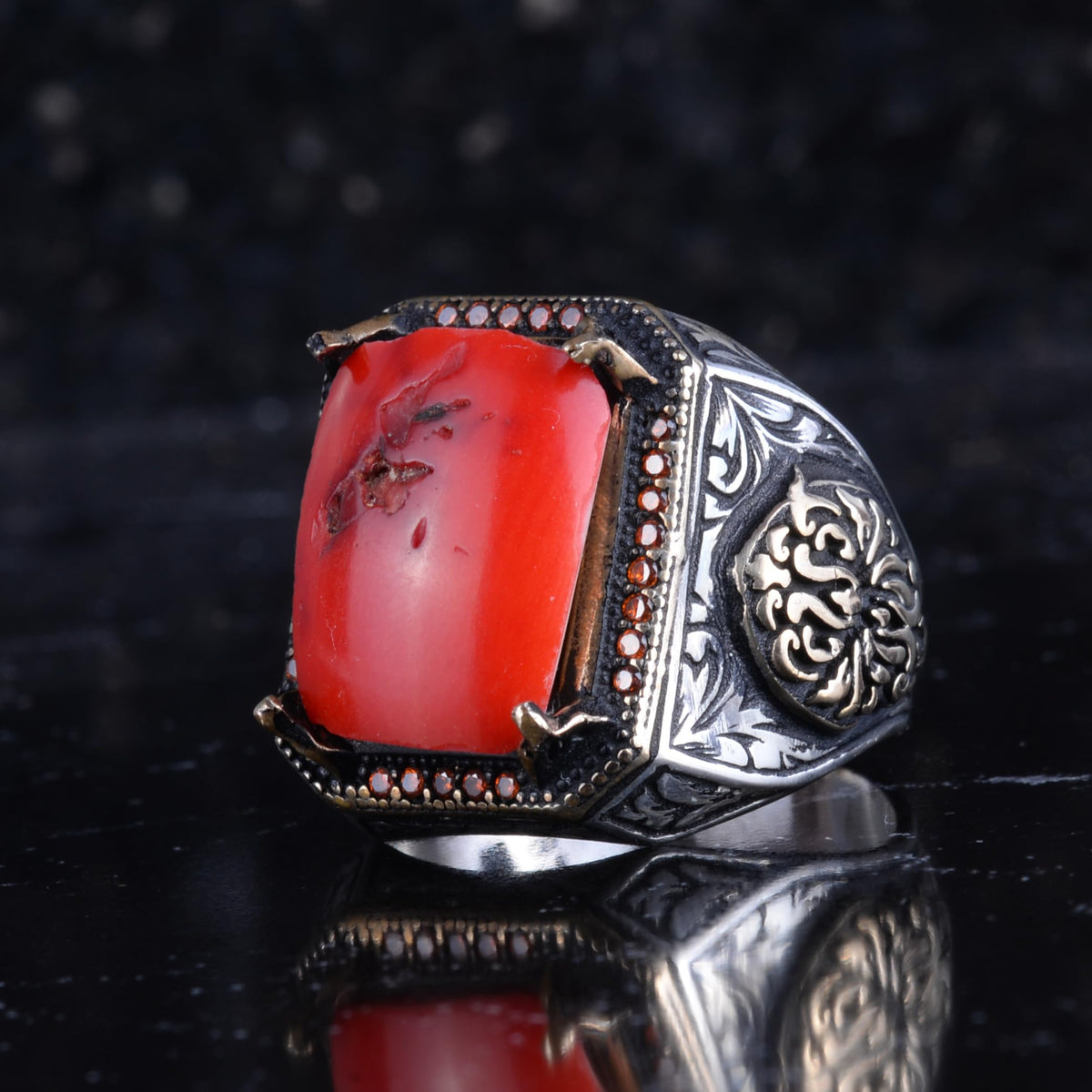KAMBO Natural Red Coral Large Men's Ring - 925 Sterling Silver Rectangular Seal Ring, Handmade Vintage Jewelry — 5