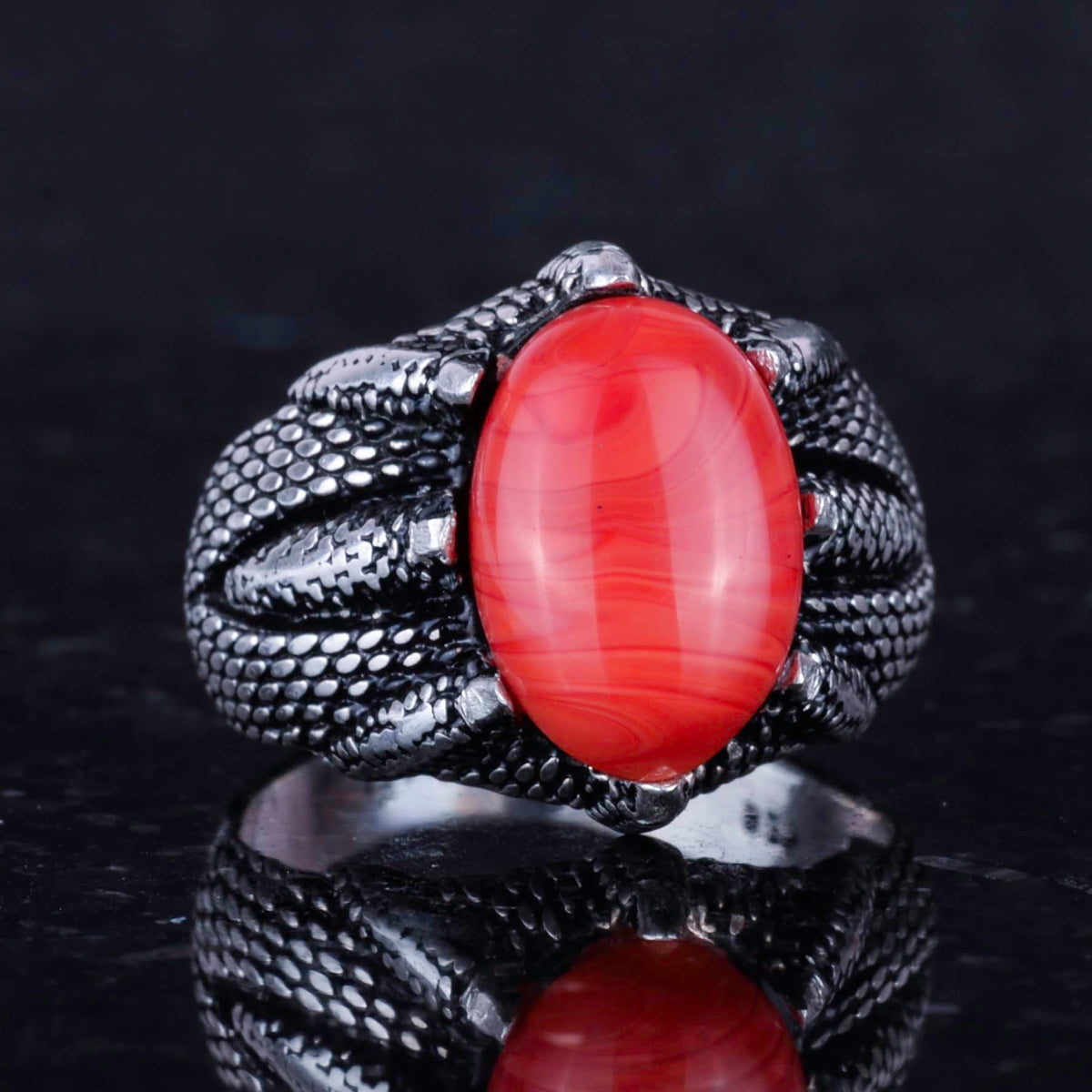 Silver Claw Ring with Natural Red Coral Stone — 5