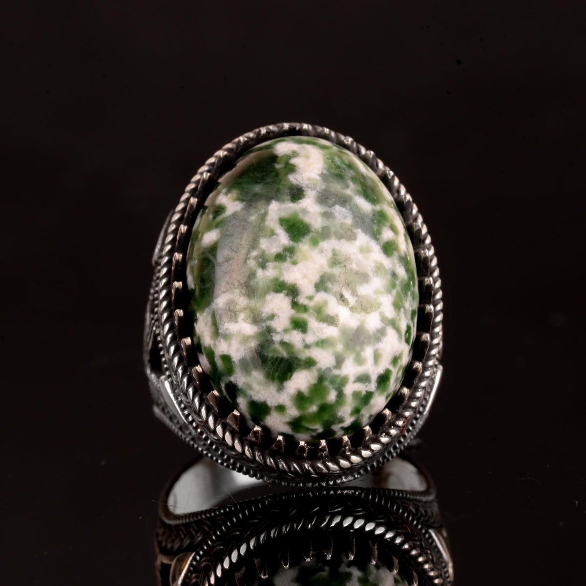 925 Sterling Silver Men's Ring, Natural Jade Ring, Oval Spotted Jade — 2
