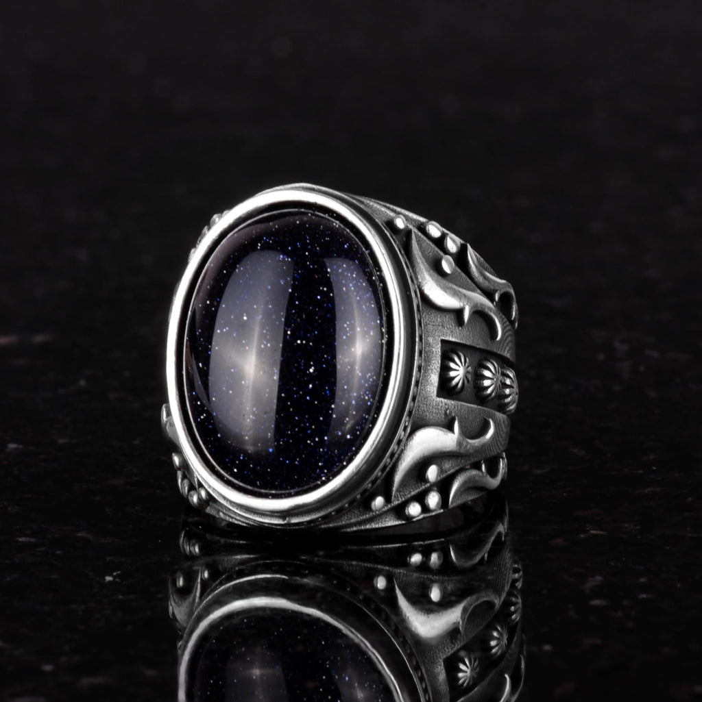 Synthetic Stone Ring, 925 Sterling Silver Ring, Designer Silver Men's Ring (Blue Sunstone) — 5