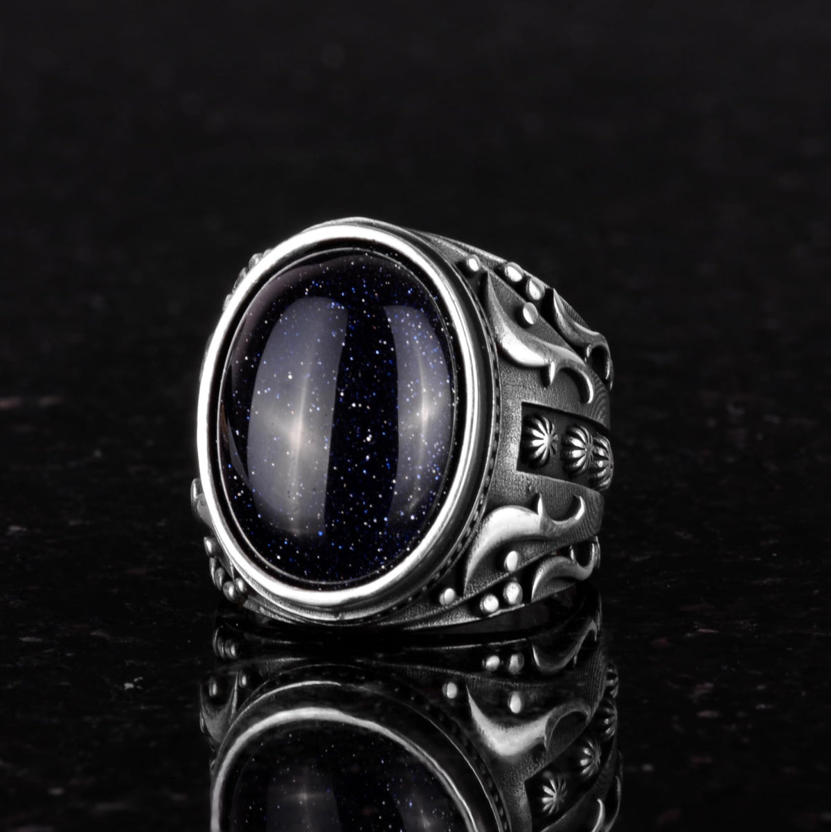 Synthetic Stone Ring, 925 Sterling Silver Ring, Designer Silver Men's Ring (Blue Sunstone) — 5