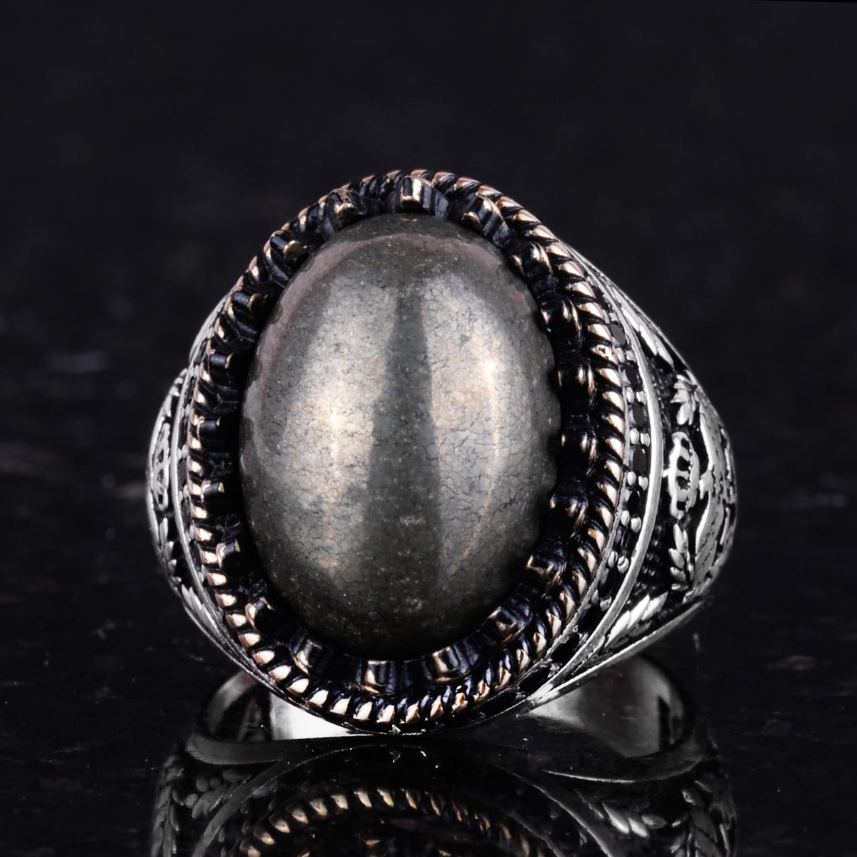 Natural Pyrite Stone Handmade Eagle Ring - 925 Sterling Silver — 6