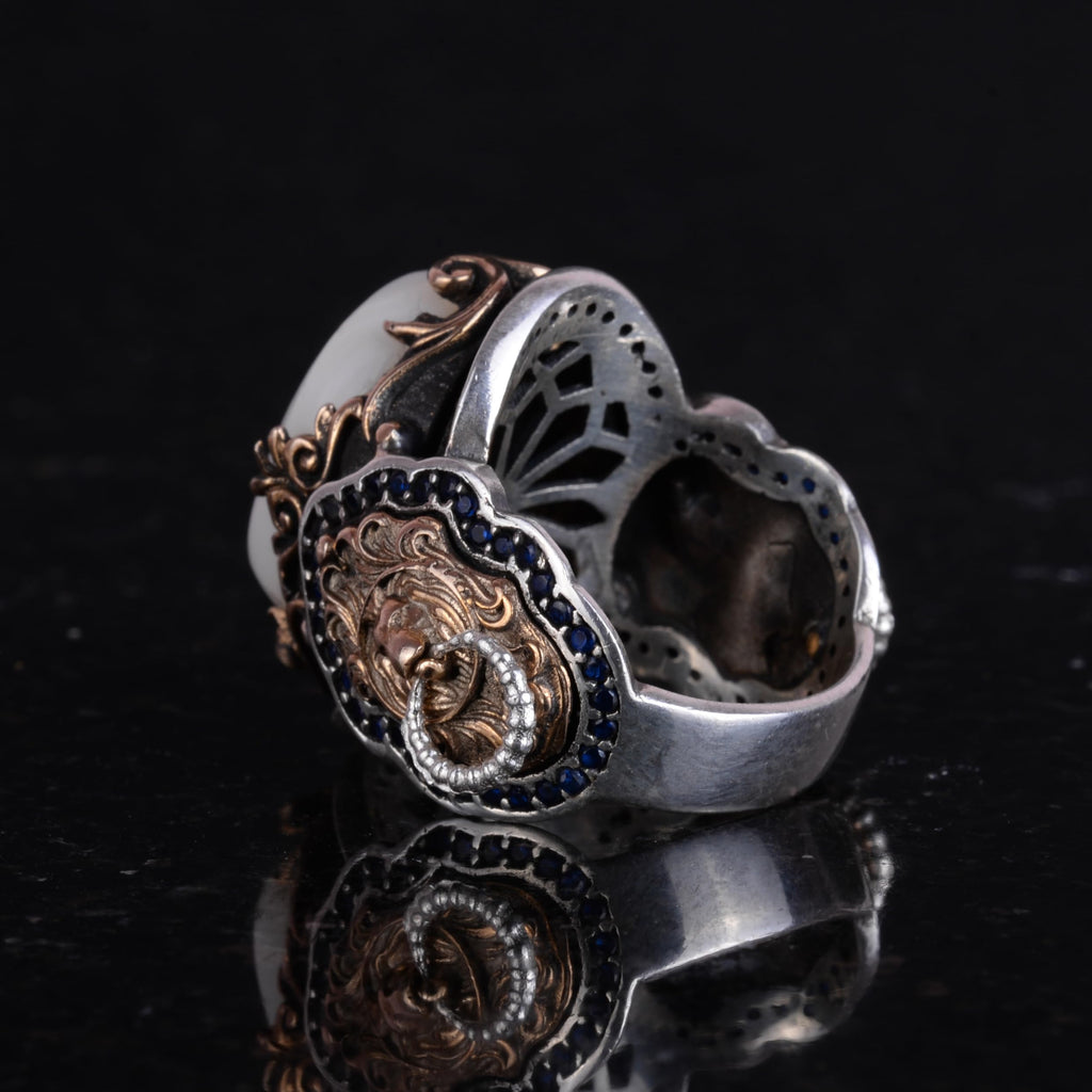 Lion Head Men's Ring, Natural Pearl Stone Ring - 925 Sterling Silver Ring — 7