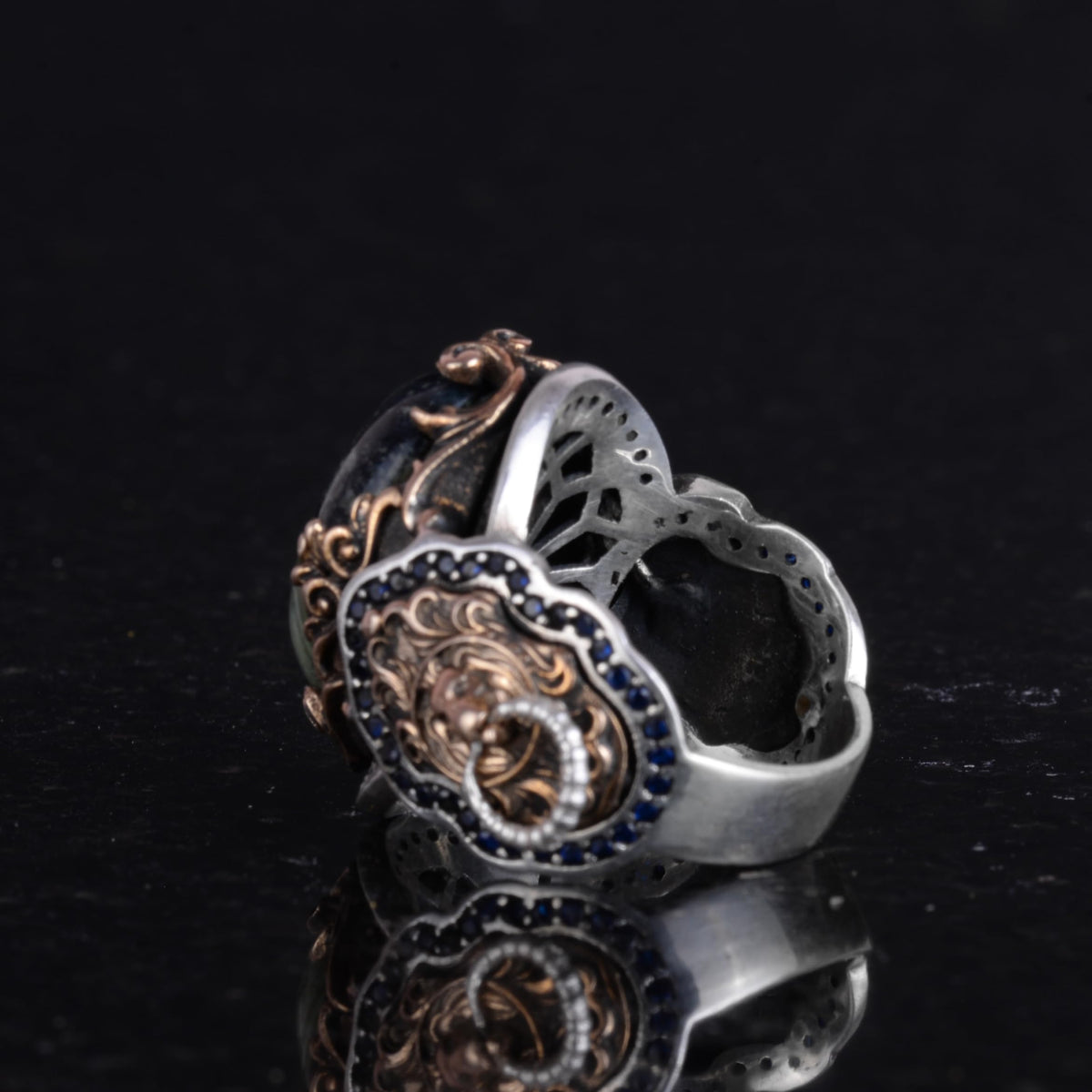 Handmade Green Eye Natural Stone Ring - Lion Silver Head Design — 6