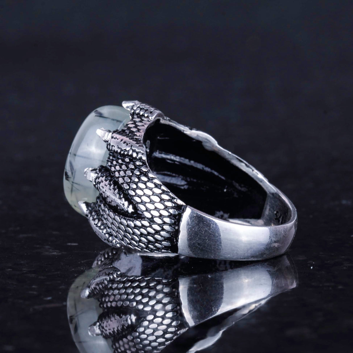 Silver Claw Ring with Natural Prehnite Jade — 7