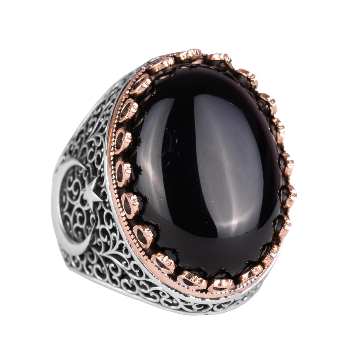 KAMBO 925 Sterling Silver Men's Natural Stone Ring - Moon and Star Design - Handmade Vintage Jewelry (Onyx)