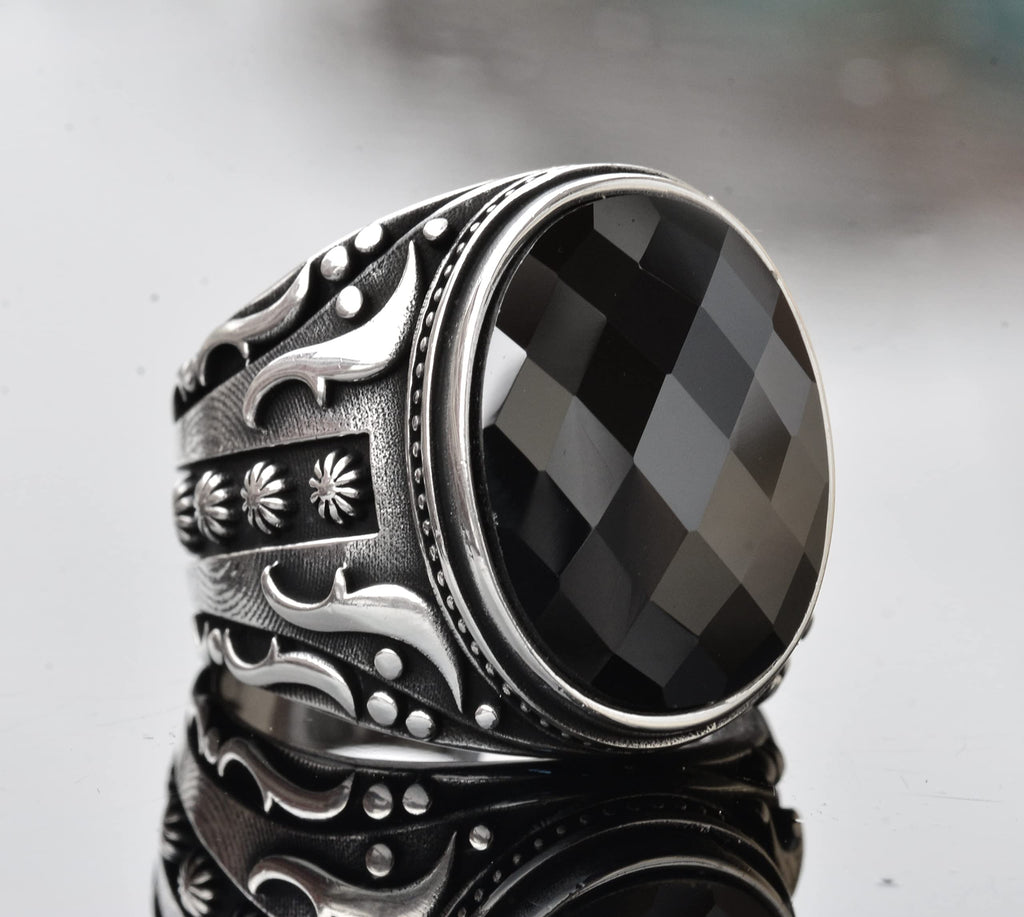 925 Sterling Silver Men's Ring, Natural Black Onyx Stone, Intricate Ethnic Design, Handmade Silver Ring — 3
