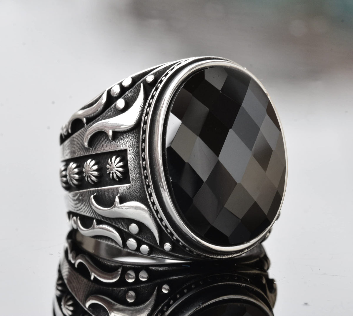 925 Sterling Silver Men's Ring, Natural Black Onyx Stone, Intricate Ethnic Design, Handmade Silver Ring — 3