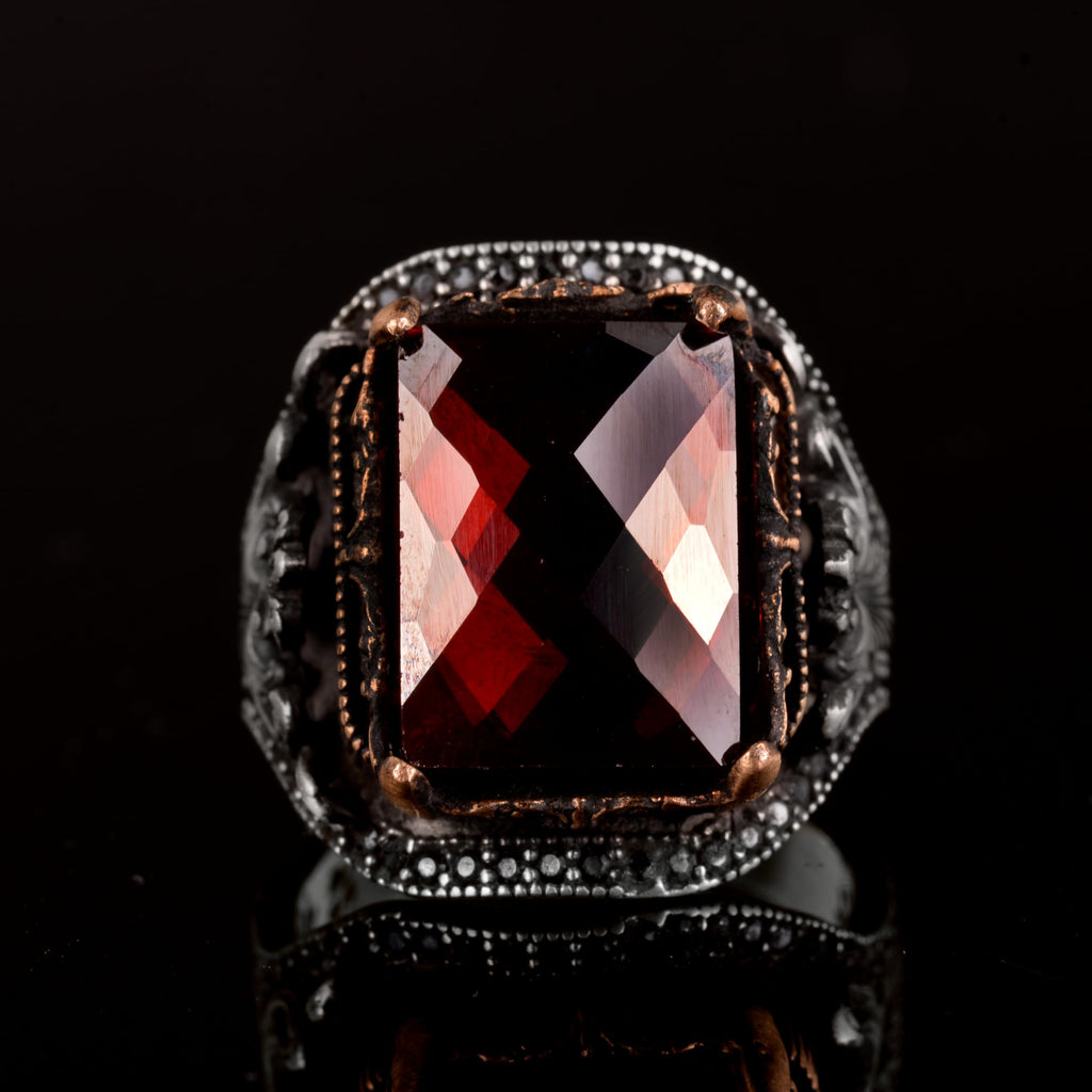 KAMBO 925 Sterling Silver Men's Ring, Natural Garnet Ring — 2