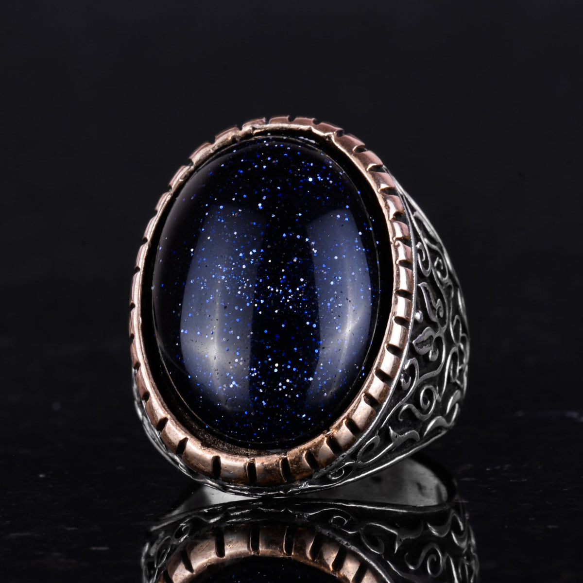 Synthetic Stone Ring, 925 Sterling Silver Men's Ring, Large Size Ring (Blue Sunstone) — 4