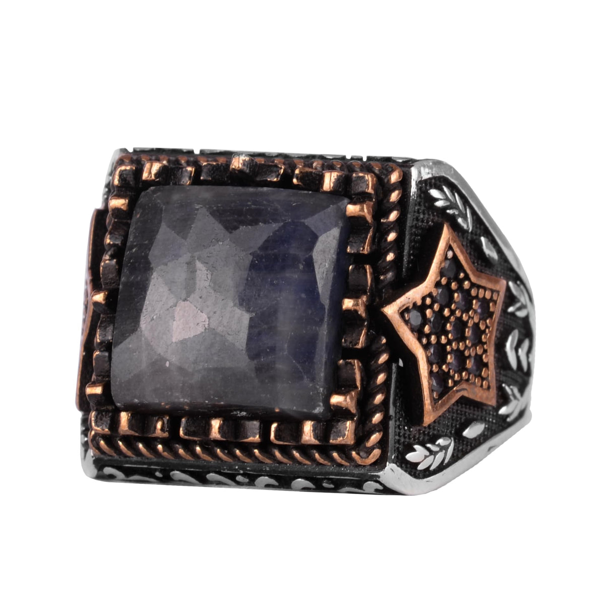 KAMBO Natural Stone Men's Ring – Star Motif Designed 925 Sterling Silver Square Cut Ring (Blue Sapphire)