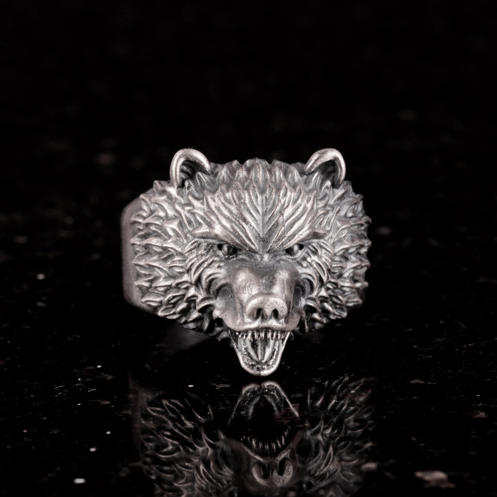 KAMBO Handmade 925 Sterling Silver Bear Head Men’s Ring - Gothic Angry Bear Design, Animal Motif Statement Jewelry, Vint