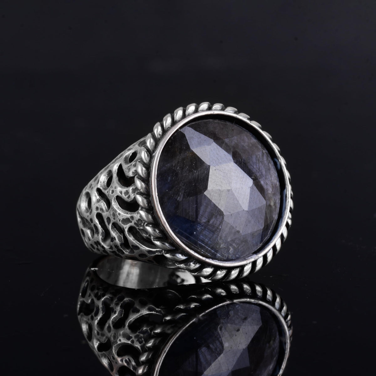 KAMBO Men's Blue Sapphire Stone Ring – Round Cut Blue Sapphire 925 Sterling Silver Ring – Handmade Oxidized Silver Statement Ring — 6