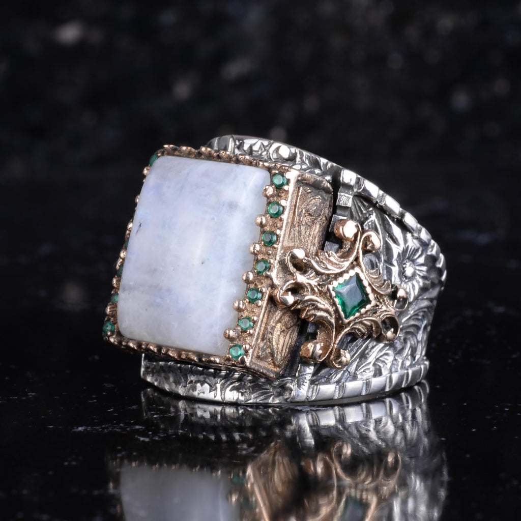 KAMBO Natural Moonstone Men's Ring 925 Sterling Silver – Green Accent Stone Handmade Statement Ring – Vintage Design Jewelry — 5