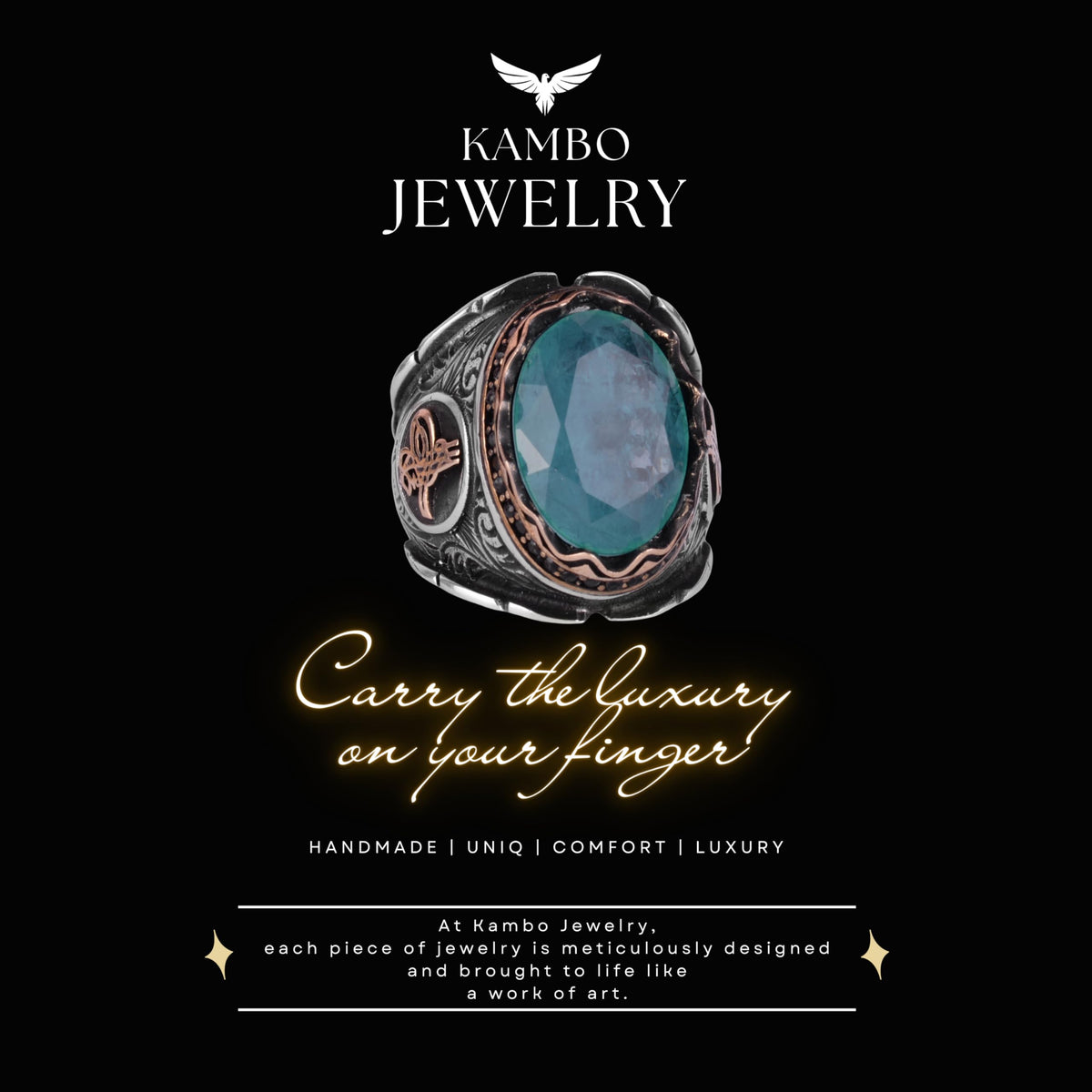 KAMBO Ottoman Tugra Blue Sunstone Created Stone Ring, 925 Sterling Silver Ring — 3