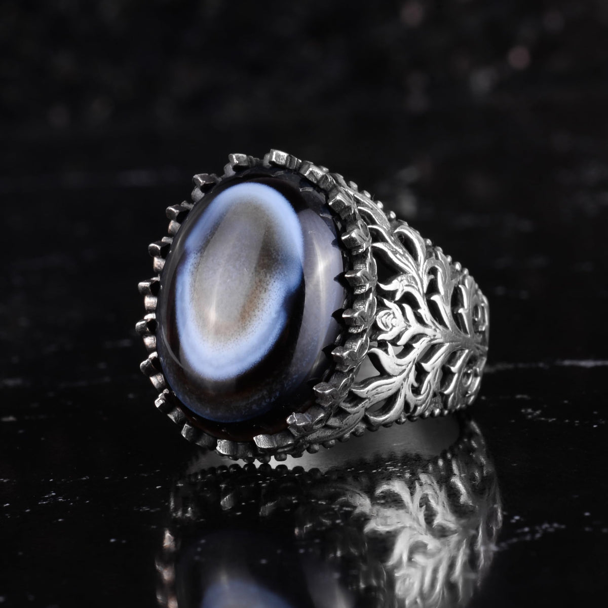 KAMBO Natural Yemen Agate Stone Ring – 925 Sterling Silver Decorative Men's Ring – Handmade Vintage Statement Ring (Yemen Agate-3) — 4