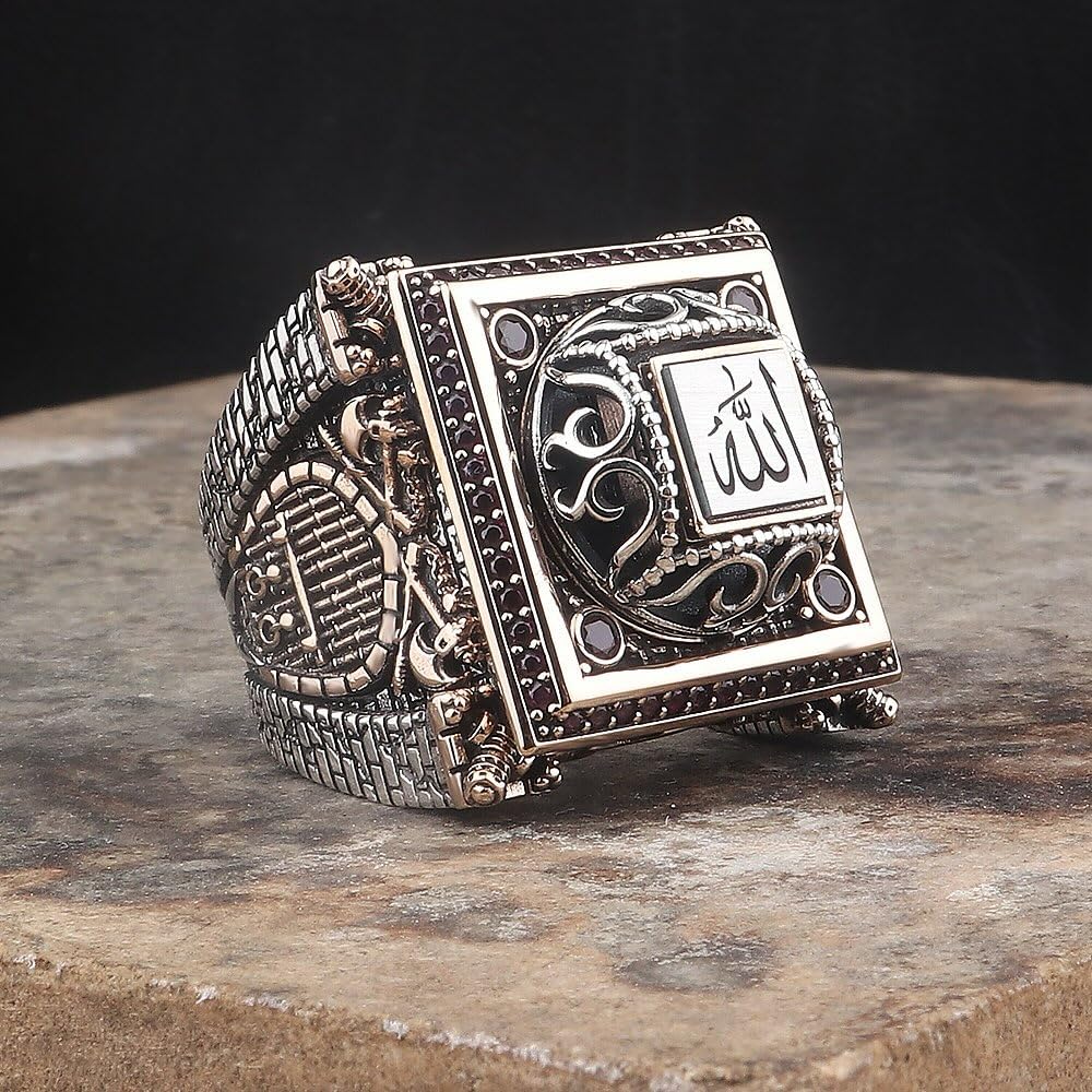 KAMBO Silver Allah Men's Ring - Zircon Stone Islamic Square Design, Religious Ottoman Statement Jewelry — 4