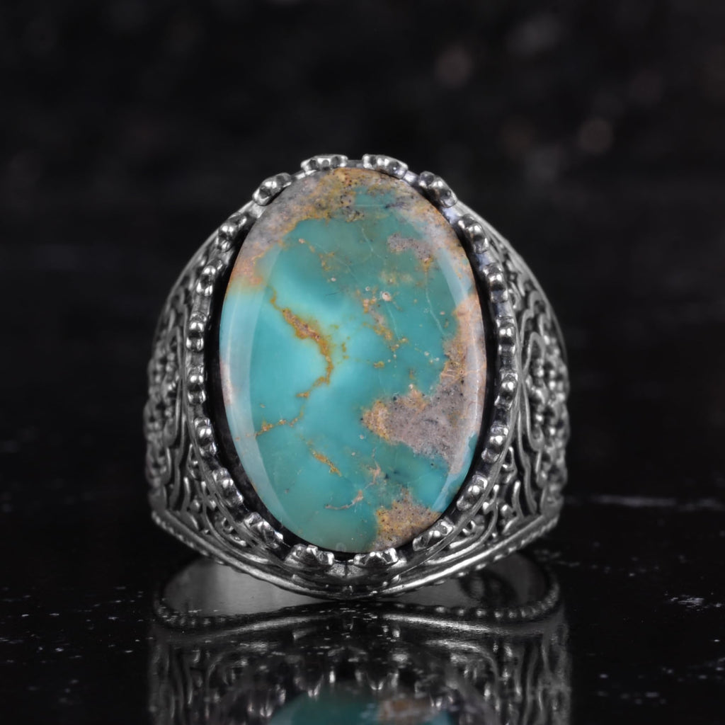 KAMBO Natural Turquoise Stone Men's Ring 925 Sterling Silver Spider Web Pattern Oval Cabochon Vintage Handmade Statement Ring (Turquoise-5) — 4