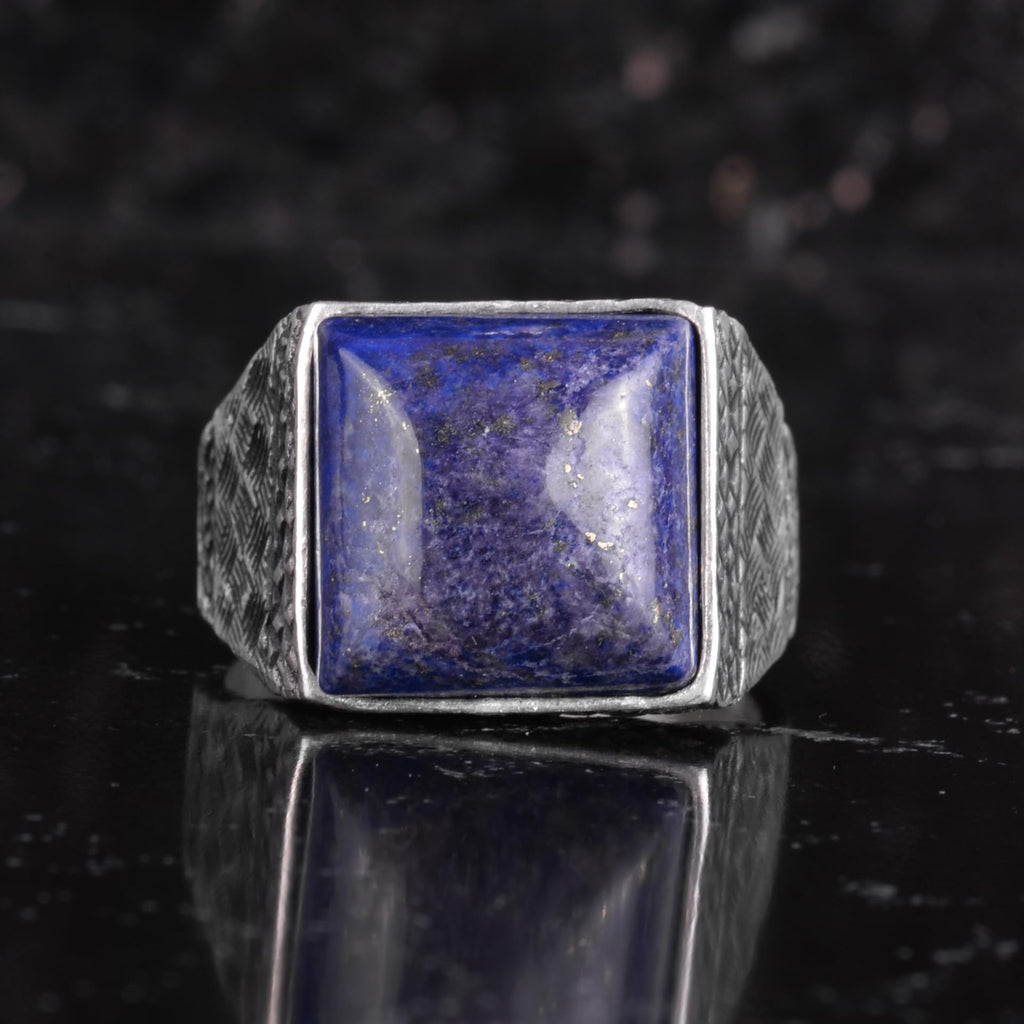 KAMBO Natural Stone Men's Ring 925 Sterling Silver Square Stone Handmade Statement Ring Unique Masculine Jewelry (Lapis Lazuli) — 4