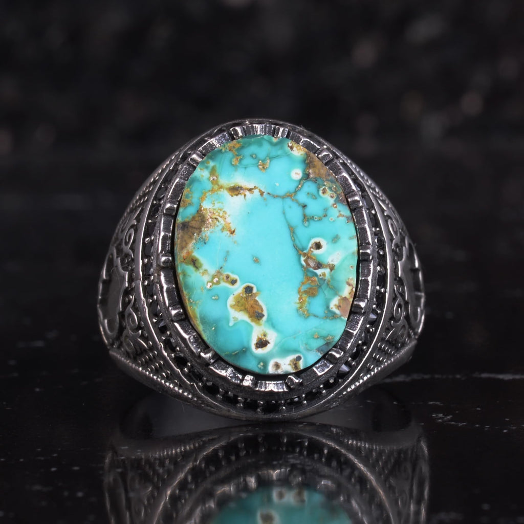 KAMBO Turquoise Stone Men's Ring 925 Sterling Silver – Natural Turquoise Statement Ring – Vintage Ottoman Style Handmade Men's Ring (Turquoise) — 4