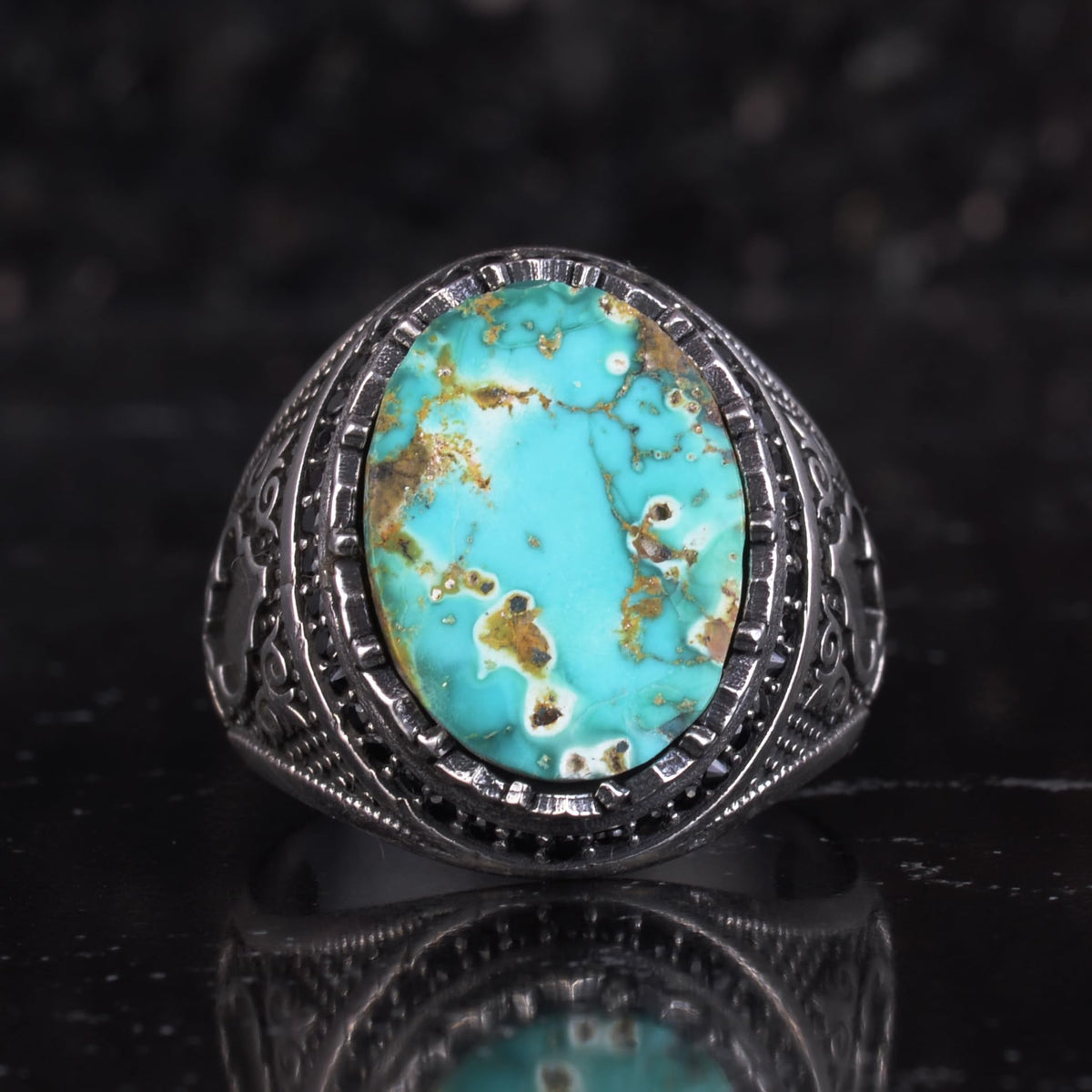 KAMBO Turquoise Stone Men's Ring 925 Sterling Silver – Natural Turquoise Statement Ring – Vintage Ottoman Style Handmade Men's Ring (Turquoise) — 4
