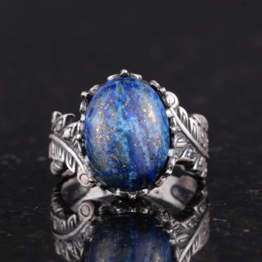 Bohemian Vintage Design Silver Women's Ring - Natural Lapis Lazuli Stone — 4