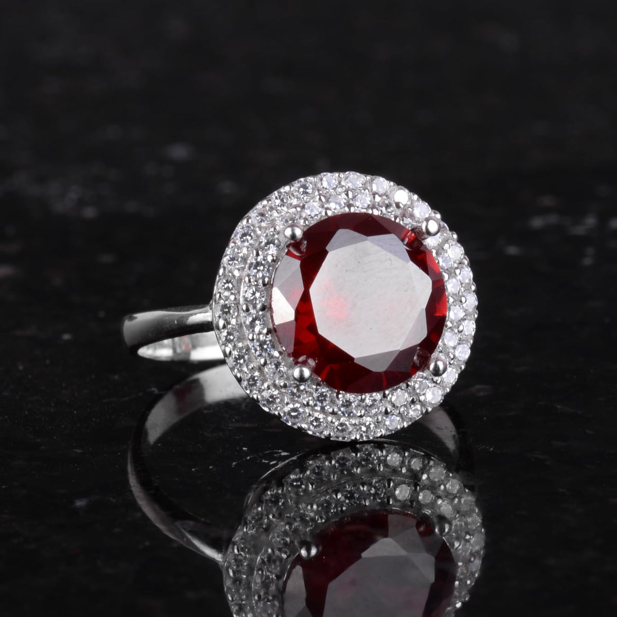 Kambo Synthetic Stone Handcrafted Ring - 925 Sterling Silver Women's Ring, Round Cut (Synthetic Garnet) — 4
