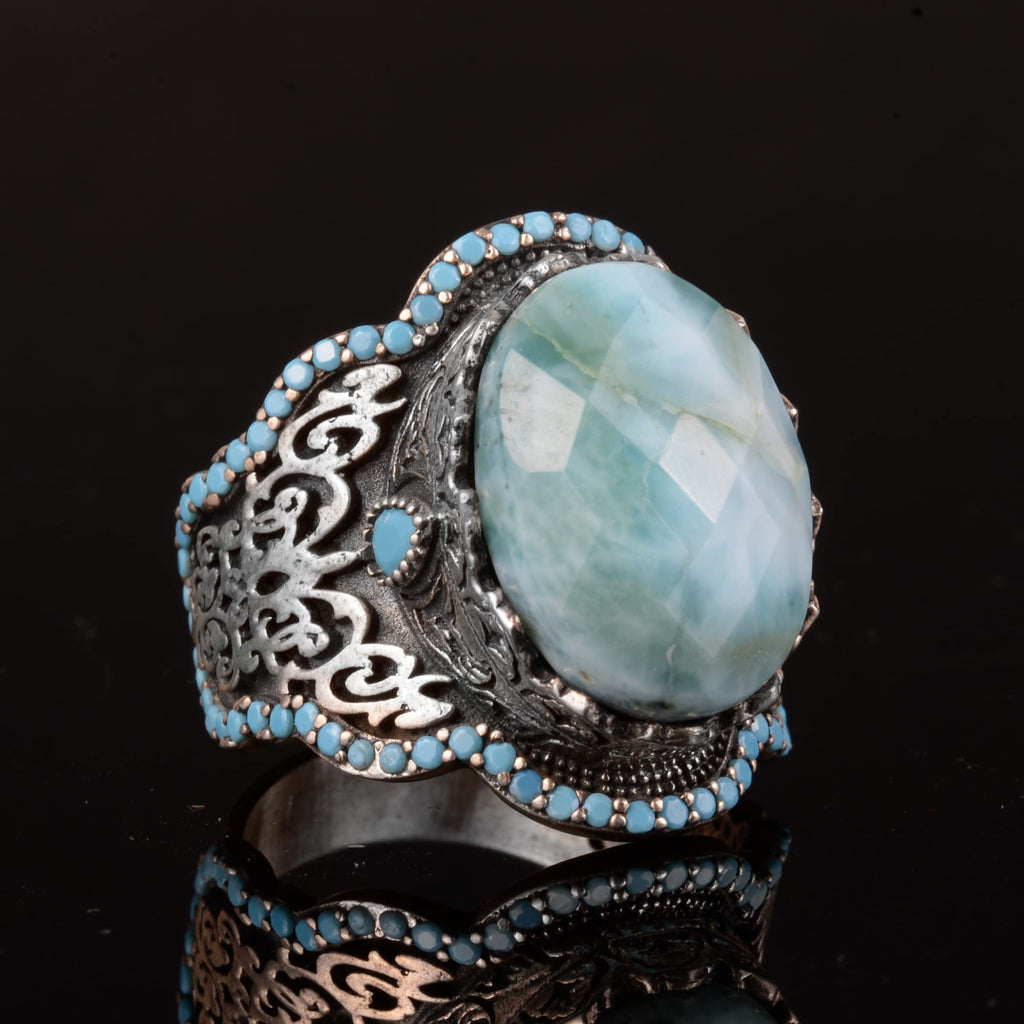 Handmade 925 Sterling Silver Men's Ring with Natural Larimar Stone - Elegant Design — 4