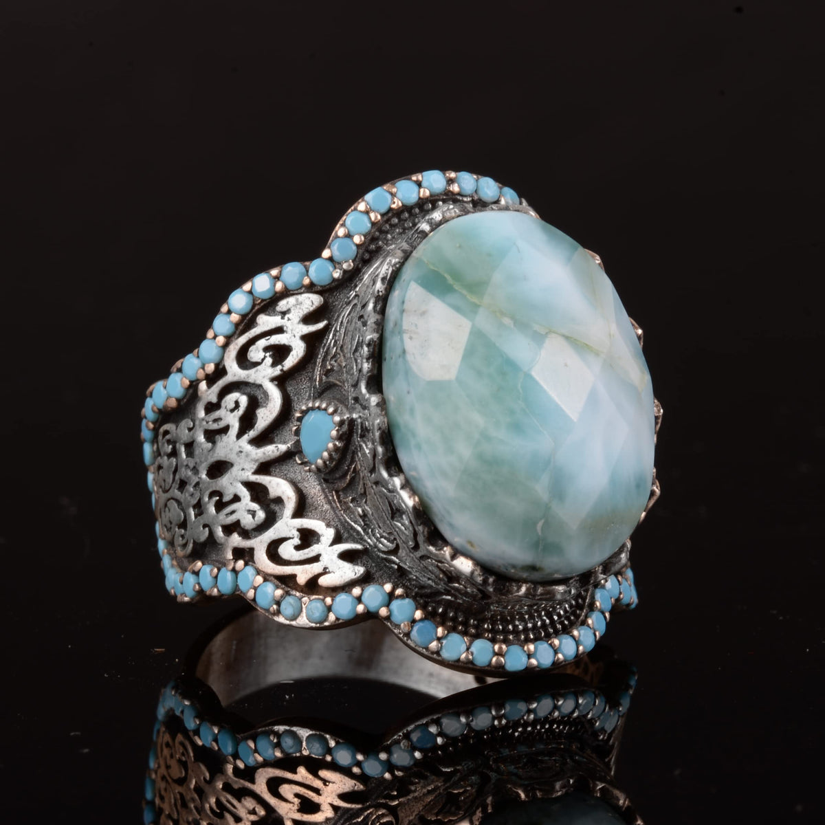 Handmade 925 Sterling Silver Men's Ring - Natural Stone Design (Larimar) — 4