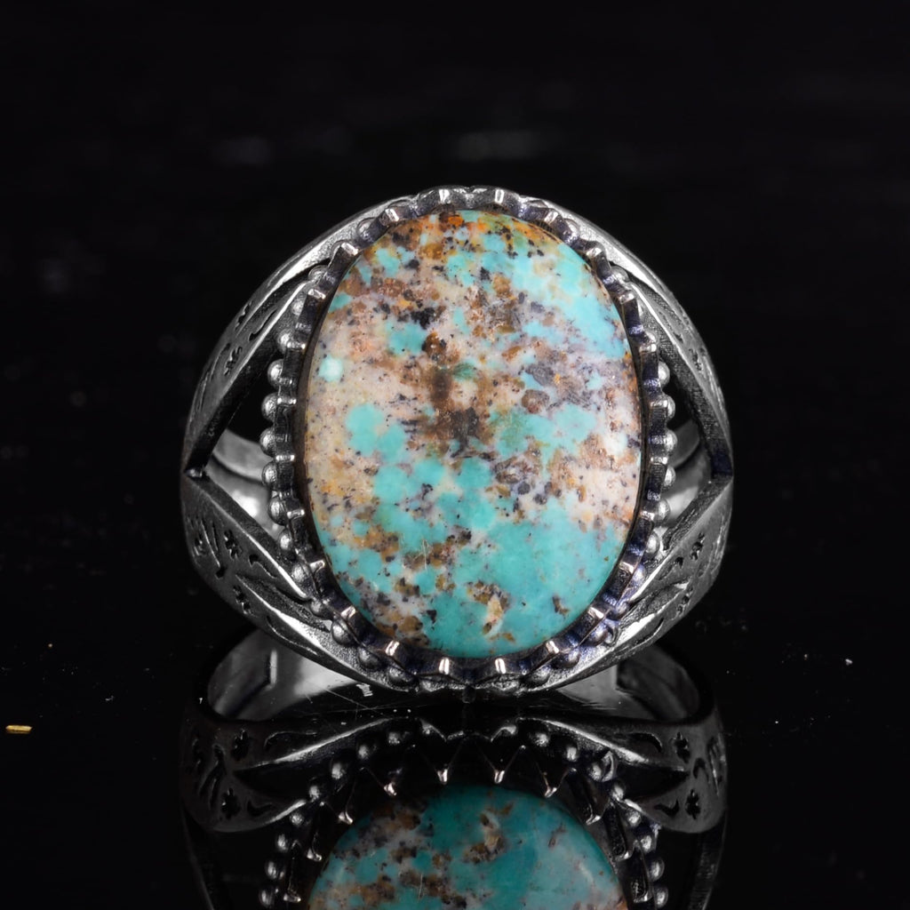 KAMBO Men's Natural Arizona Turquoise Stone 925 Sterling Silver Ring – Ornate Ottoman Style Vintage Statement Ring — 3