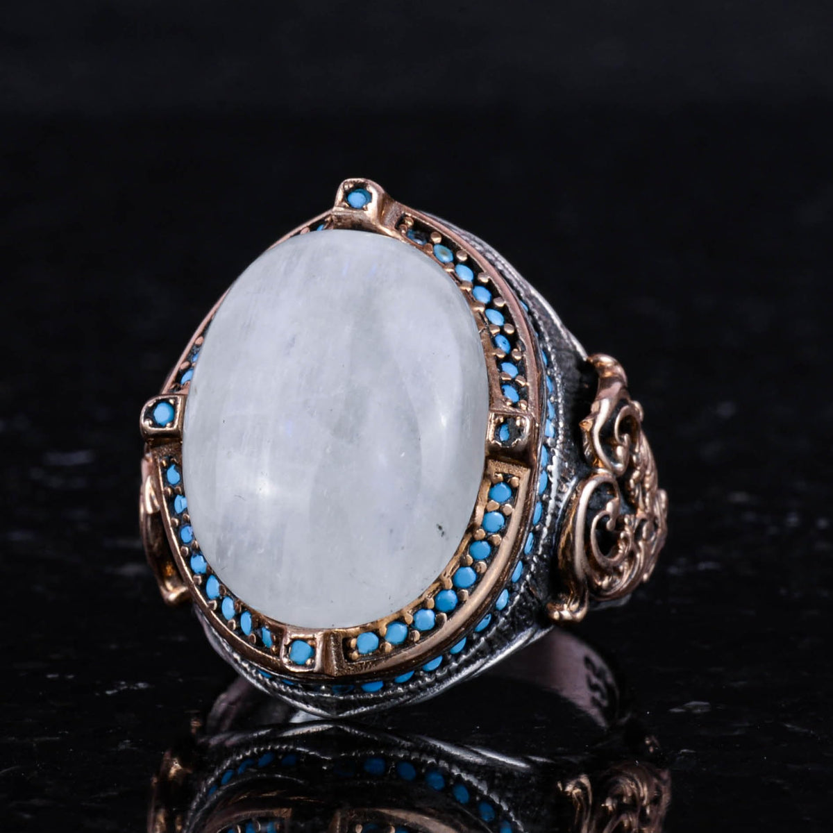 925 Sterling Silver Ring with Natural Moonstone, Handmade Men's Ring, Vintage Design — 6