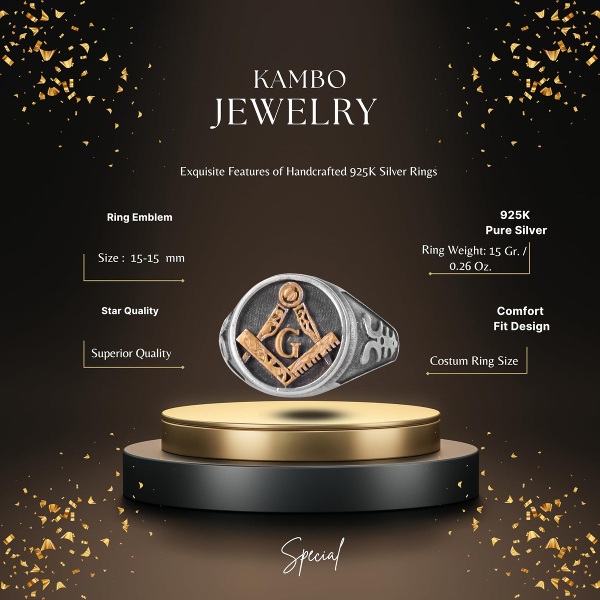 KAMBO Masonic Men's Ring – 925 Sterling Silver with Gold Plated Detail Square and Compass Ring – Handmade Descriptive Jewelry — 2