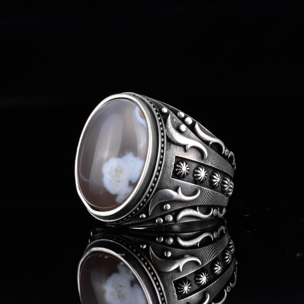 KAMBO Men's Natural Agate Ring – 925 Sterling Silver Flower Pattern Ring – Men's Handmade Vintage Style Statement Ring (Agate-7) — 6