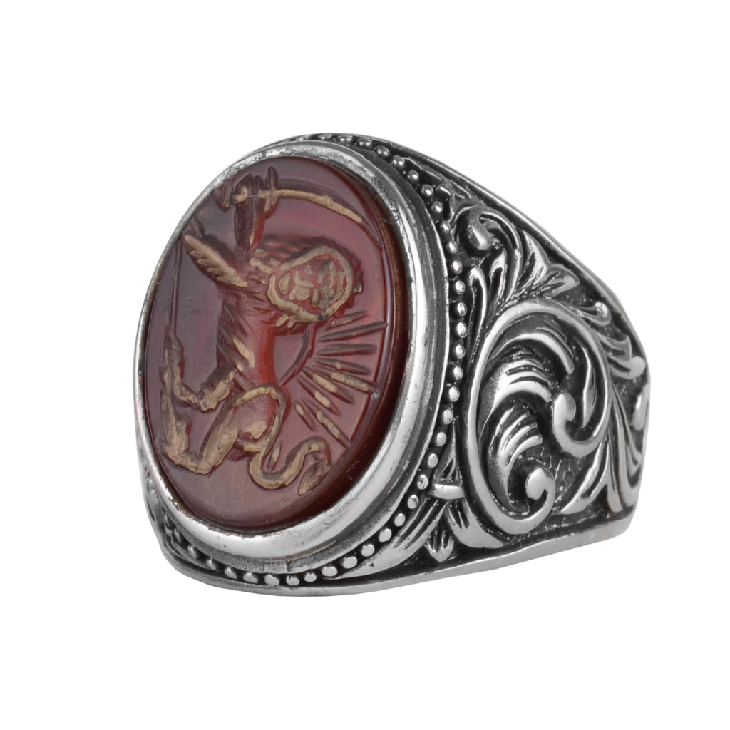 KAMBO Natural Agate Stone Men's Ring Intaglio Warrior Motif 925 Sterling Silver – Handmade Vintage Statement Seal Ring