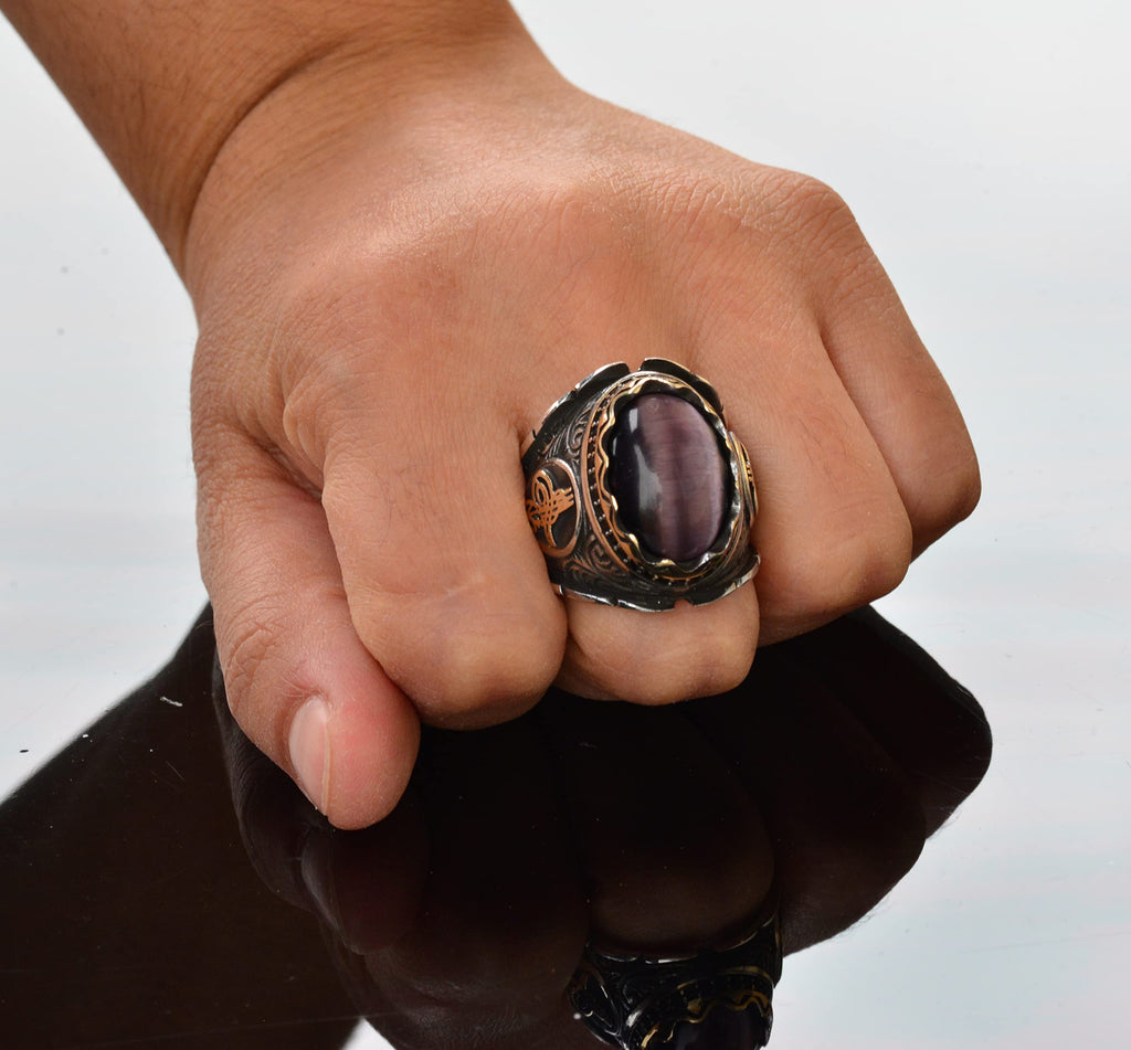 Natural Cat's Eye Amethyst Stone Ottoman Men's Ring - 925 Sterling Silver — 7