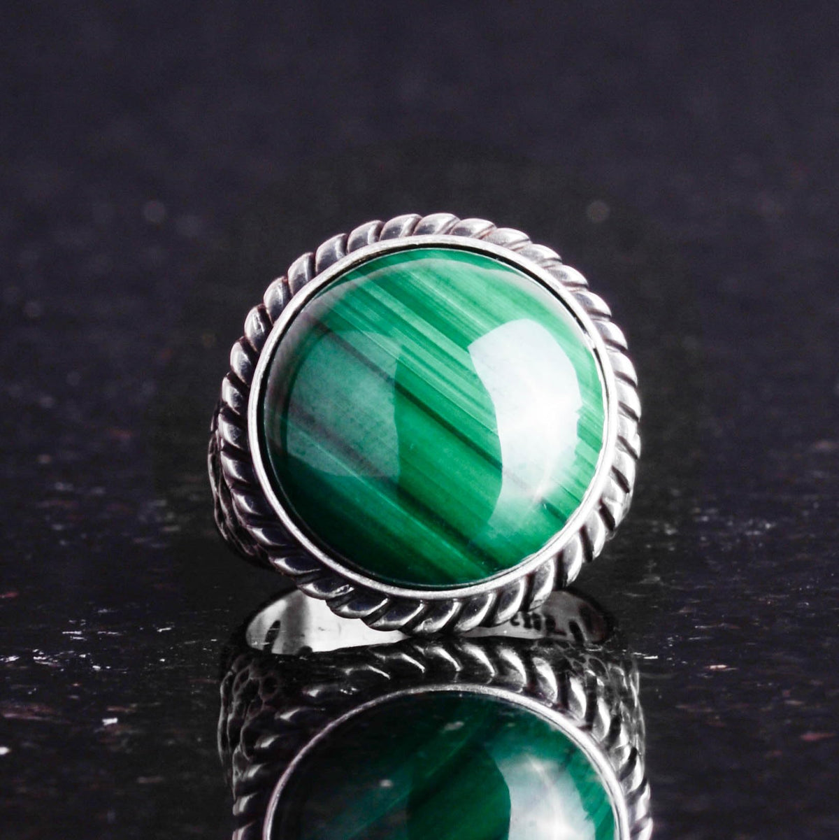 Natural Stone Ring - 925 Sterling Silver Men's Ring with Malachite — 3