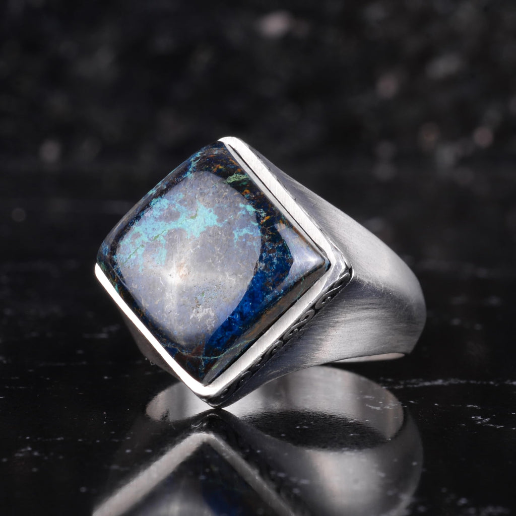 KAMBO Natural Stone Men's Ring 925 Sterling Silver – Square Cut Stone Handmade Minimalist Statement Ring (Pietersite) — 5