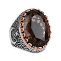 KAMBO 925 Sterling Silver Men's Natural Stone Ring - Moon and Star Design - Handmade Vintage Jewelry (Smoky Topaz)