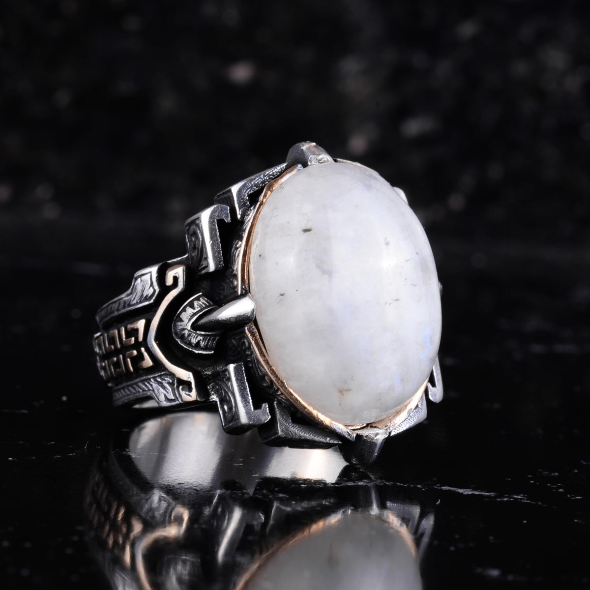 KAMBO Natural Stone Ring 925 Sterling Silver – Handmade Men's Statement Ring Healing Jewelry (Moonstone) — 6